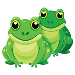 Two vibrant green frogs with striking eyes rest peacefully on White background
