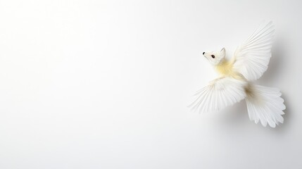 Obraz premium Arctic Fox with Wings Minimalist Style High-resolution Soft Lighting Diagonal Close-up View Feathery Texture Flight Fantasy White Background Pure White Tones Ideal for Childrens Book Illustration