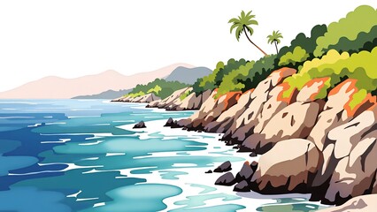 Fototapeta premium Serene Coastal Landscape with Rocky Shore and Lush Greenery