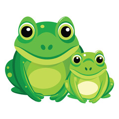 Two vibrant green frogs with striking eyes rest peacefully on White background