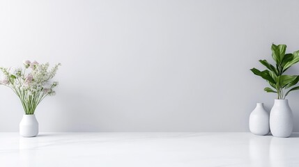 Three white ceramic vases with green plants and white flowers on a sleek white surface against a minimalist light gray wall, and modern interior design concept.