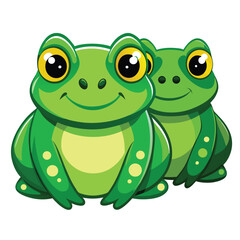 Two vibrant green frogs with striking eyes rest peacefully on White background