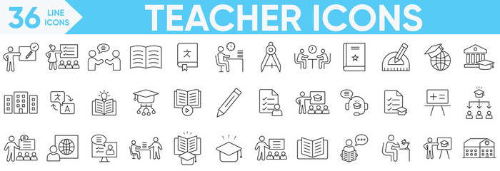 Teacher icons set.class, school, teaching, mentor, professor, book, home schooling, students, graduation cap, education, instruct, knowledge and more.Vector and illustrator set.