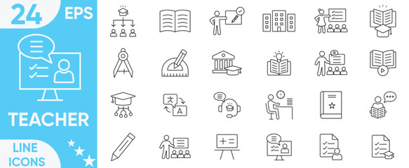 Teacher icons set.class, school, teaching, mentor, professor, book, home schooling, students, graduation cap, education, instruct, knowledge and more.Vector and illustrator set.