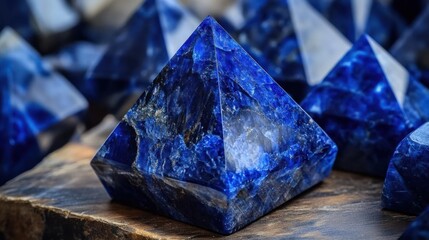 Close-up of pyramid-shaped, vibrant blue gemstone