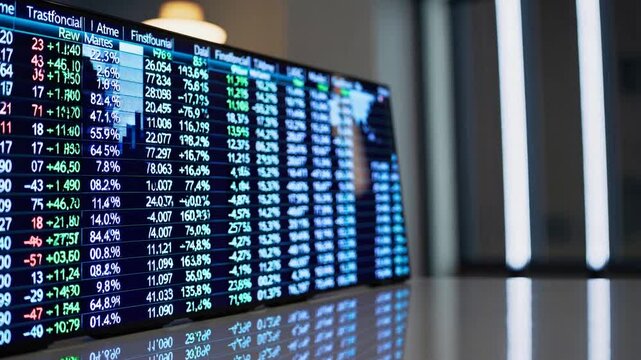 Stock market data. Table of digital data displayed on large screen with lights and blurred background
