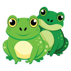 Two vibrant green frogs with striking eyes rest peacefully on White background