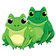 Two vibrant green frogs with striking eyes rest peacefully on White background