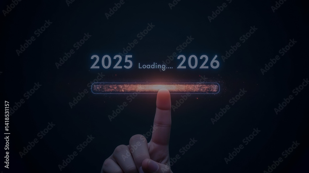 Poster digital display of year transition from 2025 to 2026 with progress bar and touch interaction concept