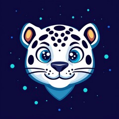 Fototapeta premium Cartoon illustration of a snow leopard face with blue eyes and black spots on a dark blue background