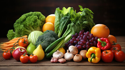 A still life photo of fresh fruits and vegetables neatly arranged on a wooden surface. Juicy tomatoes, peppers, carrots, broccoli, garlic, apples, pears, grapes, citrus fruits, zucchini 