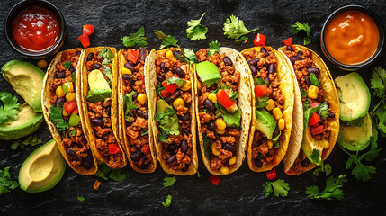 Top down view of a colorful table filled with Mexican tacos surrounded by vibrant side dishes and sauces symbolizing community sharing cultural richness and festive culinary tradition


