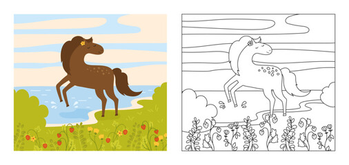 Horse bathes in river on summer meadow cartoon coloring book for kids. Doodle cute mare horse in summer beach. Comic linear funny stallion character. Vector illustration design perfect for children