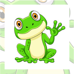 Cartoon frog waving on white background
