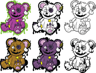 Illustration of cartoon teddy bears with various colors
