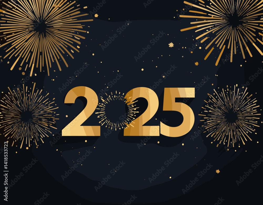 Fototapete 2025 new year banner with abstract golden fireworks and numbers on dark night background. modern des