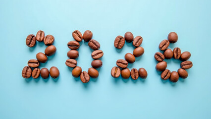 Coffee Beans Arranged in Numbers Representing the Year 2026 on a Blue Background for Creative and Food-related Stock Images