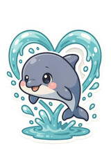 Fototapeta premium Charming dolphin sticker with playful water effects creates a delightful and heart-warming visual for all ages.