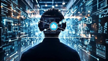Future technology, person in VR headset, server room, digital interface - Powered by Adobe