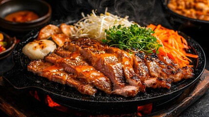 Sizzling Grilled Meat with Vegetable Garnish on Black Sizzling Plate