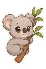 Fototapeta premium Adorable koala bear clinging to a eucalyptus branch, depicted in a cute, cartoonish sticker style. Big eyes, soft colors, and simple shading.