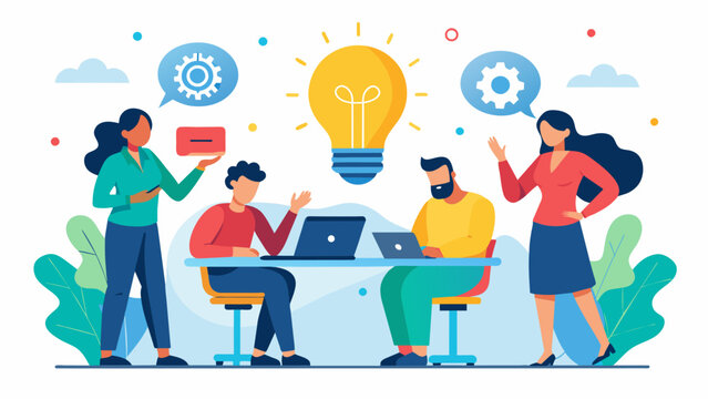 A brainstorming session prompts participants to generate creative solutions to common workplace challenges.. Vector illustration
