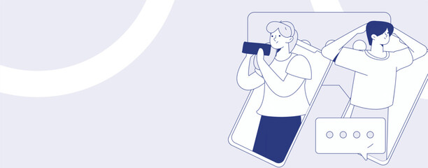 Virtual characters social communication concept business flat vector hand drawn illustration
