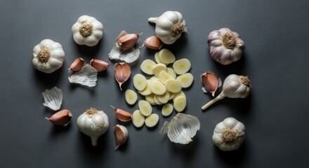 Obraz premium Fresh garlic arrangement with whole bulbs and sliced cloves on dark background