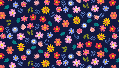 Spring blooming flowers background, dark blue cartoon abstract small broken flowers seamless pattern, stylish print background