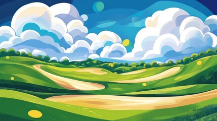 Obraz premium Verdant vista A vibrant stylized golf course under a sky of fluffy clouds