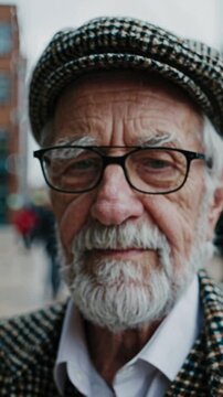 Elderly Man Gray Hair Hat City Street 

