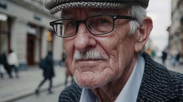 Elderly Man Gray Hair Hat City 
