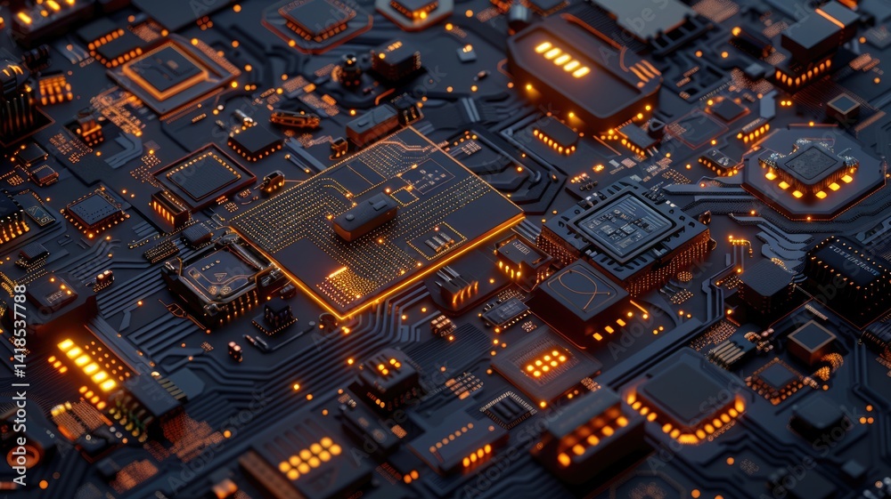Poster a captivating digital artwork featuring an abstract circuit board with illuminated components. this 