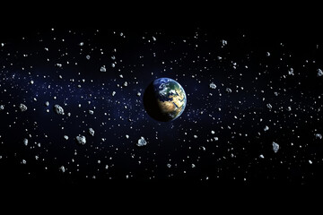 Naklejka premium A distant planet surrounded by rocks and an asteroid belt, set against a dark, expansive space backdrop, in a futuristic science fiction style.