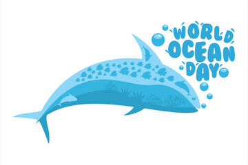 World Ocean Day illustration with a tuna fish filled with marine life, highlighting ocean conservation. Great for posters, campaigns, and educational use