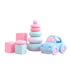Pastel colored geometric toys, shapes and car, isolated on white backdrop