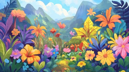 Vibrant Jungle Bloom Lush flowers in a wild mountainous paradise
