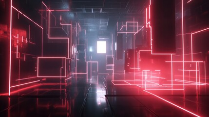 Futuristic Neon Corridor with Glowing Red and Blue Lines
