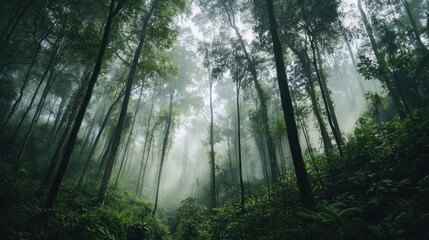 Obraz premium Misty rainforest canopy. Lush green trees reaching for the sky, shrouded in a thick, ethereal mist
