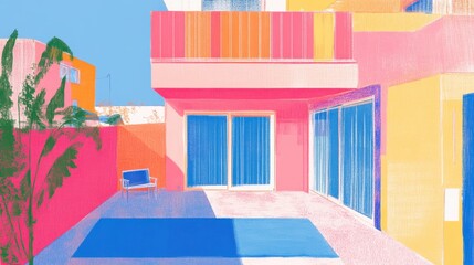 Vibrant Patio Pink house blue pool sunny skies create a dreamlike escape