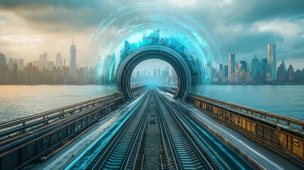 Fototapeta premium Futuristic train tracks lead to a glowing city skyline