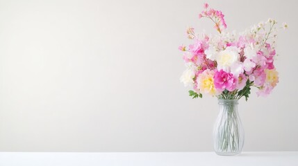 Fototapeta premium A delicate bouquet of pastel flowers in a clear glass vase on a minimalist white table, soft lighting and neutral background, and floral arrangement concept.