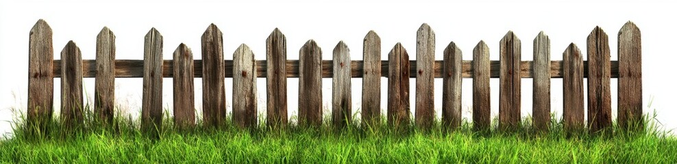 Obraz premium Wooden Fence Surrounded by Lush Green Grass in Bright White Background