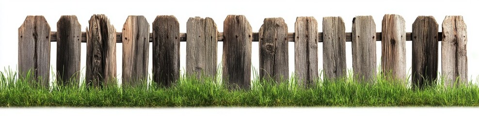 Naklejka premium Rustic Wooden Fence Surrounded by Green Grass on White Background