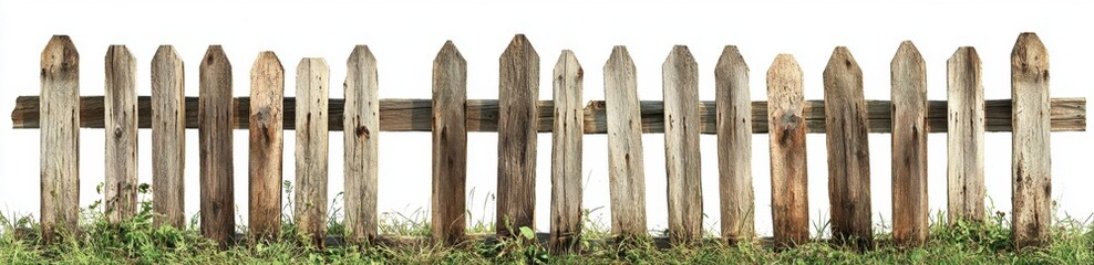 Obraz premium Rustic Wooden Fence with Weathered Boards and Green Grass Background