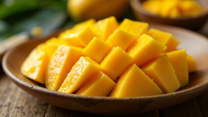 A wooden bowl contains freshly cut mango pieces, 