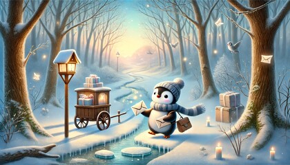 A heartwarming illustration of a penguin postman delivering glowing letters along a melting snow path in an enchanted early spring forest, surrounded by soft pastel hues and gentle fantasy light