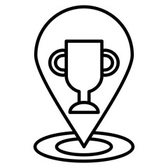 Award location icon. Trophy inside a map pin, representing a place of achievement or a winning spot.