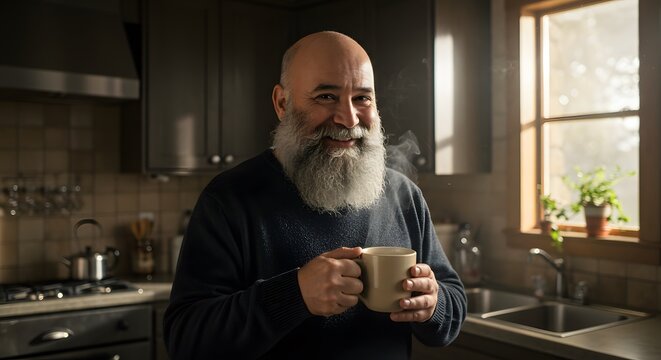 Mature man enjoying coffee in cozy kitchen, smiling with a warm, inviting ambiance and gentle sunlight.