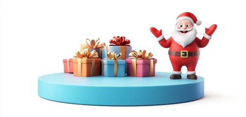 Cheerful Santa Claus with Colorful Gifts on a Bright Display